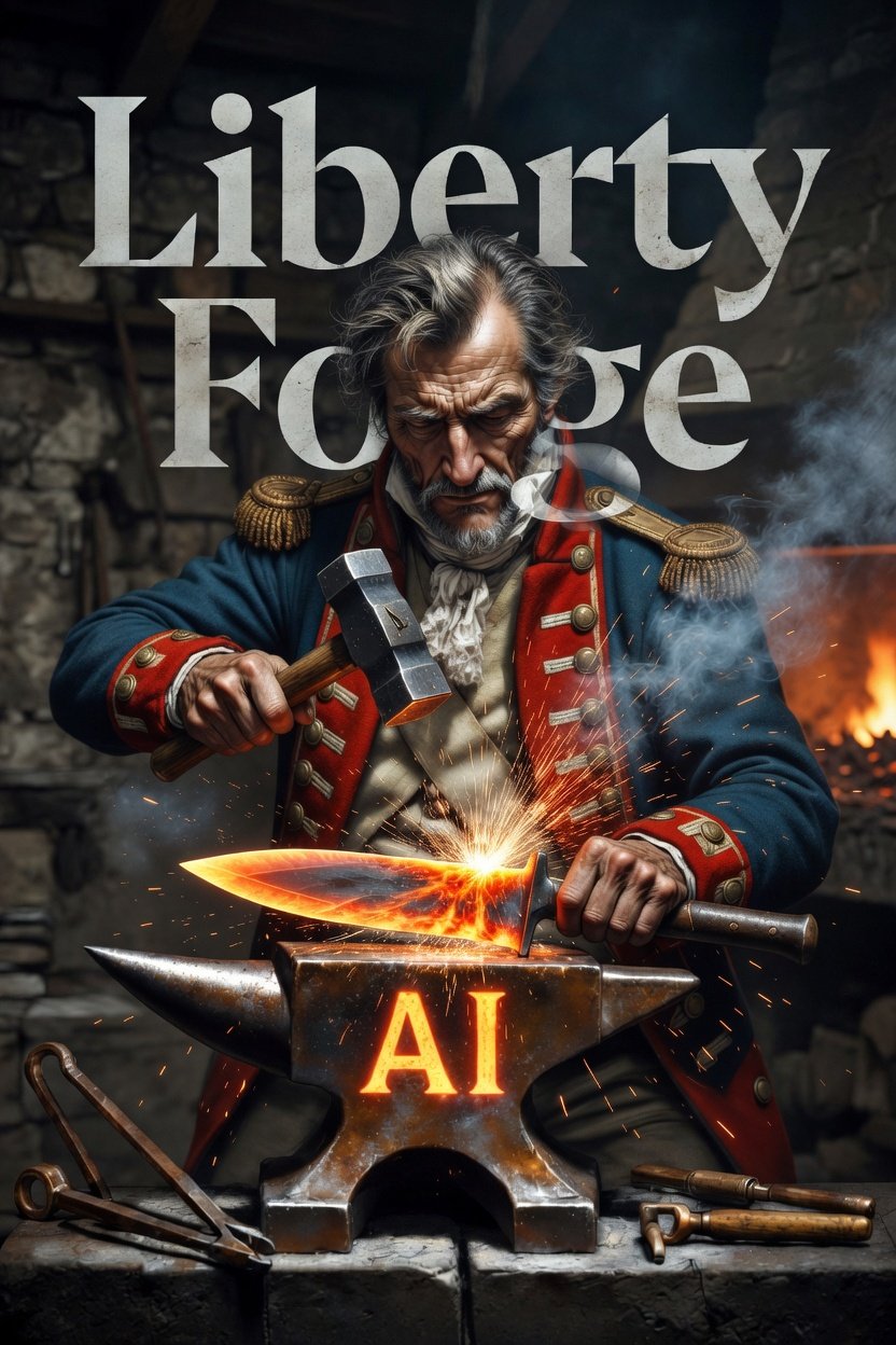 Uncle Forge at the anvil, branding the letters AI
